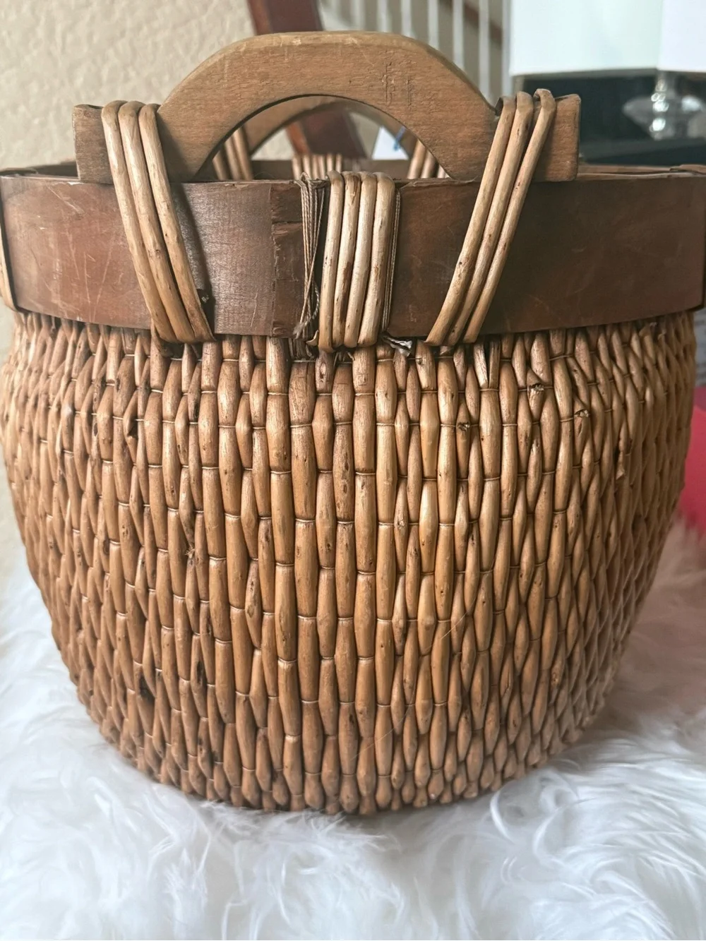 Antique Chinese Woven Willow Gathering Basket Medium Hand Carved Arched Handles